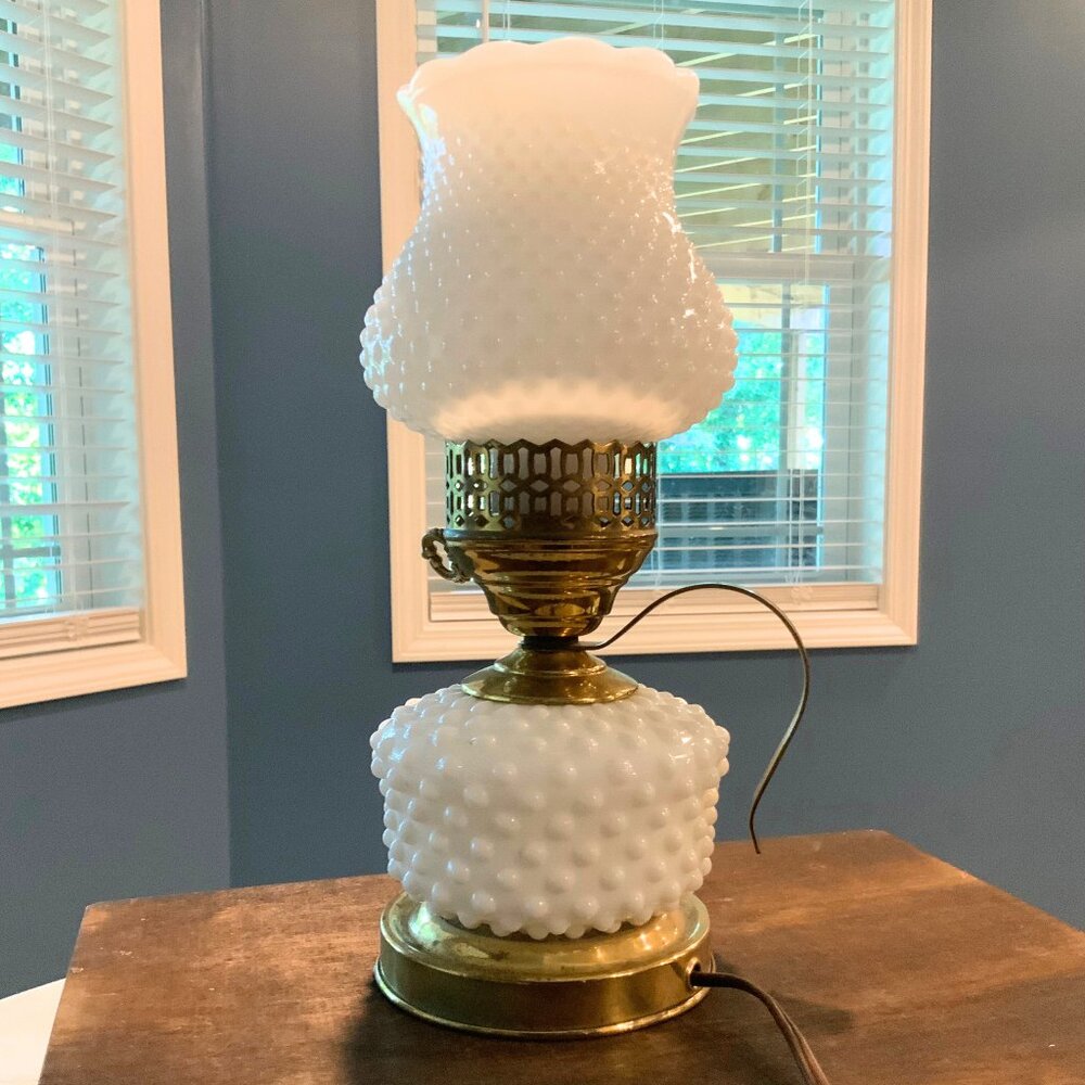Rare Vintage White Milk Glass Hobnail Lamp w/ Brass Handle - 11.5" Tall, Working